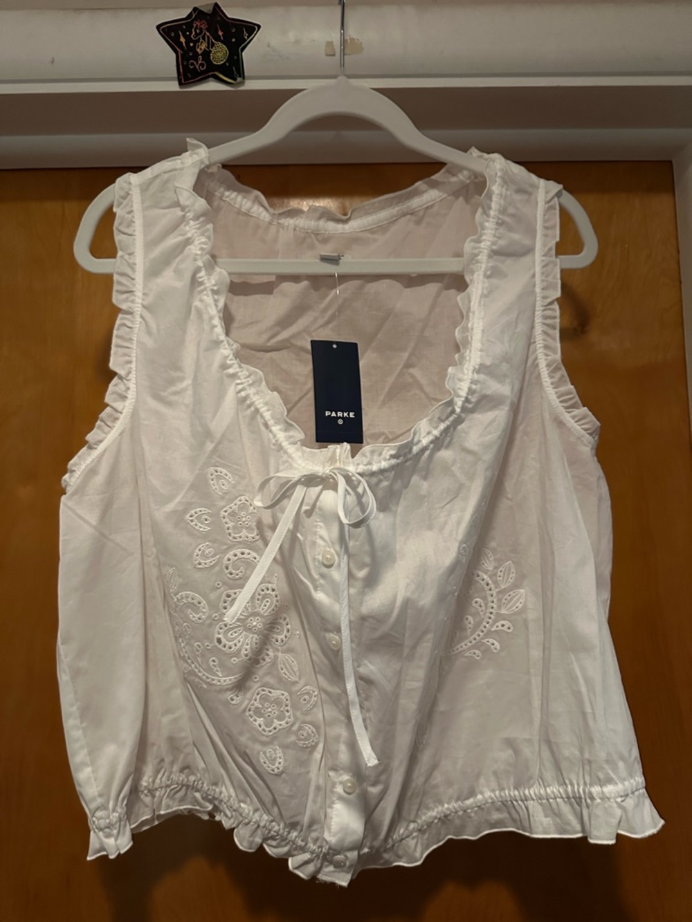 Parke White Embroidered Ruffle Tie-Front Tank Top